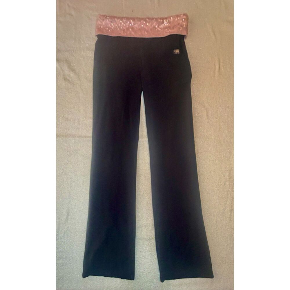 Vintage Victoria's Secret PINK black bling long fold-over flare yoga pants